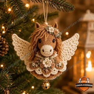 Horse Crochet Angel Christmas Crochet Ornament - front view with hanging loop and gold bell