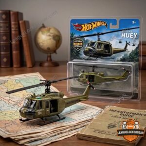 Hot Wheels Bell UH-1 Huey Vietnam Veteran Die-Cast Helicopter Toy - front view with packaging and map