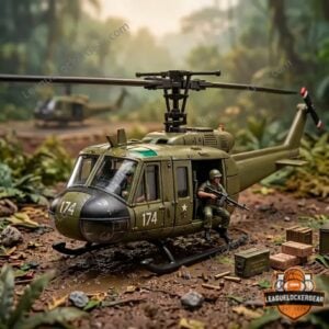 Hot Wheels Bell UH-1 Huey Vietnam Veteran Die-Cast Helicopter Toy - packaged model next to a field manual