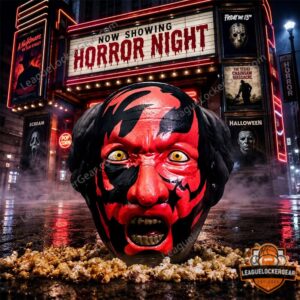 Insidious Lipstick-Face Demon Horror Night Popcorn Bucket - close-up with The Exorcist poster