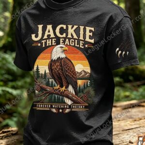 Jackie the Eagle Fly Free T-shirt - close-up of collar and eagle graphic