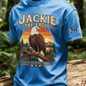 Jackie the Eagle Fly Free T-shirt - close-up of sleeve with claw marks