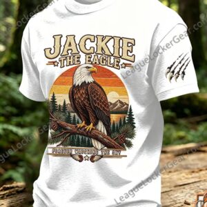 Jackie the Eagle Fly Free T-shirt - close-up of lower graphic and hem