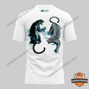 Jacksonville Jaguars Panthers vs. Jaguars Cat Fight Preseason Week 2 T-Shirt - back view with large graphic