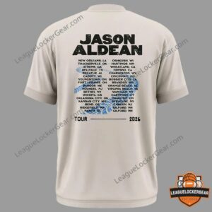 Jason Aldean Songs About Us Tour 2026 T-Shirt - back view featuring tour dates and cities