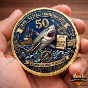 Jaws 50 Years Commemorative 1975-2025 Coin - close-up of shark and Orca boat