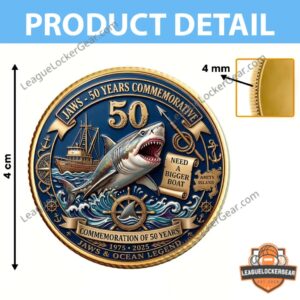 Jaws 50 Years Commemorative 1975-2025 Coin - close-up of shark and 'Need a Bigger Boat' scroll