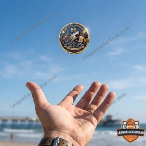 Jaws 50 Years Commemorative 1975-2025 Coin - close-up of bottom text and ocean waves