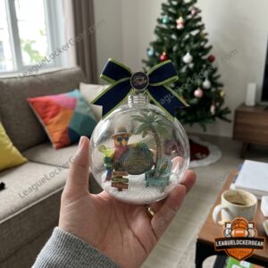 Close-up of parrot, palm tree, Margaritaville sign, and beach chair inside ornament