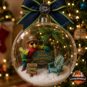 Jimmy Buffett Margaritaville globe ornament - front view with tropical parrot scene