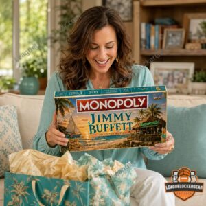 Jimmy Buffett Monopoly 2026 Board Game - box, metal tin, and game cards close-up