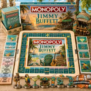 Jimmy Buffett Monopoly 2026 Board Game - complete set laid out on a wooden surface