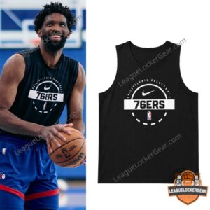 Joel Embiid Philadelphia 76ers Nike Logo Tank Top Shirt - worn by player and flat lay view