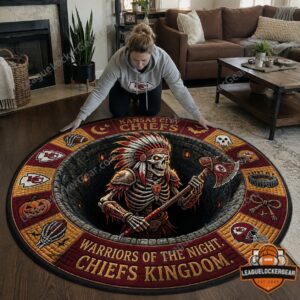 Kansas City Chiefs Halloween Round Rug showing top left section with table and chair