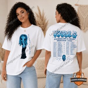 Karol G Tropitour World Tour 2026 3D T-Shirt - close-up front view on female model