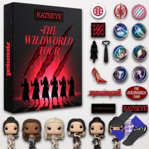 KATSEYE Wildworld Tour ornaments and accessories displayed
