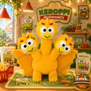 Keroppi McDonald's King Ghidorah Collaboration Plush Toy - full view in a themed restaurant setting