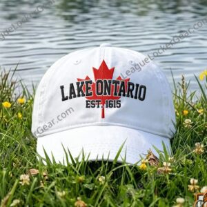 Lake Ontario cap showing red maple leaf and white embroidered lettering