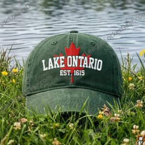 Close-up of Lake Ontario text and maple leaf cap design