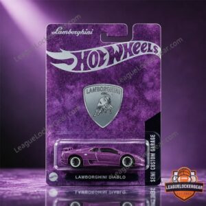 Purple Hot Wheels car packaging with Lamborghini logo and city skyline background