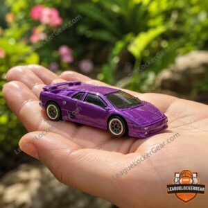 Close-up of the metallic purple Lamborghini Diablo diecast car in its blister pack