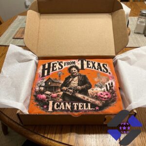 Close-up of Leatherface He's From Texas I Can Tell Horror Halloween T-Shirt graphic