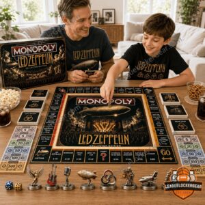 Led Zeppelin Monopoly 2026 Board Game - close-up of box, stage, and game cards