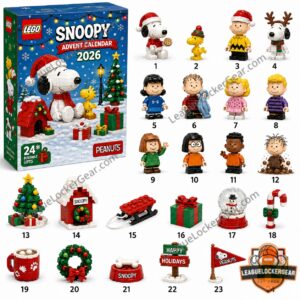 LEGO Snoopy Advent Calendar 2026 - full product view showing box and all 23 buildable gifts