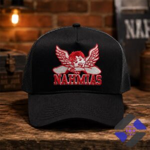 Nahmias Angel Trucker Hat - close-up front view showcasing the embroidered design