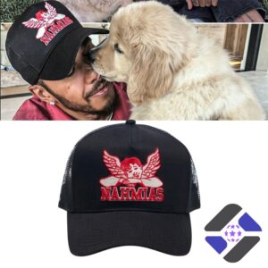 Nahmias Angel Trucker Hat - worn by Lewis Hamilton with a golden retriever puppy
