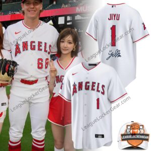Los Angeles Angels Jiyu Limited Edition Baseball Jersey - front and back views displayed with a player and fan