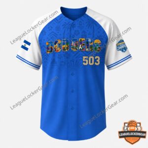 Los Angeles Dodgers Salvadoran Heritage Night Baseball Jersey - front detail with fans