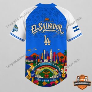 Los Angeles Dodgers Salvadoran Heritage Night Baseball Jersey - back detail with fans