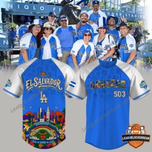 Los Angeles Dodgers Salvadoran Heritage Night Baseball Jersey - displayed with fans at stadium