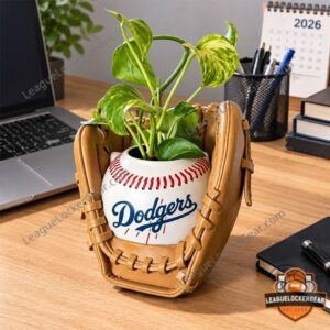 Los Angeles Dodgers Baseball Glove Plant Pot And Planter Home Desk Decor - close-up of pot with stadium in