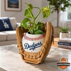 Los Angeles Dodgers Baseball Glove Plant Pot And Planter Home Desk Decor - side view showing the baseball