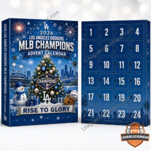 Los Angeles Dodgers MLB Champions Advent Calendar 2026 box, bobbleheads, and various miniature collectibles