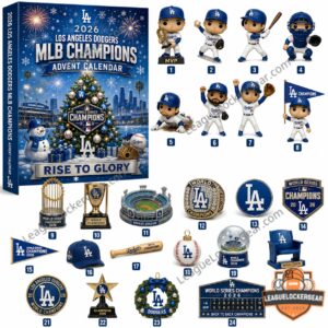 Los Angeles Dodgers MLB Champions Advent Calendar 2026 with all collectible items displayed