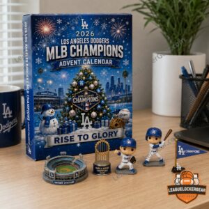 Los Angeles Dodgers MLB Champions Advent Calendar 2026 with championship ring, baseball, snow globe, and