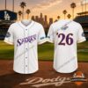Front view of the Los Angeles Sparks x Dodgers Night 2026 Crossover Giveaway Baseball Jersey