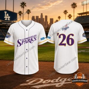 Front view of the Los Angeles Sparks x Dodgers Night 2026 Crossover Giveaway Baseball Jersey