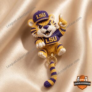 Louisiana State University Tigers Crochet Mascot Dangle Earrings - close-up of tiger's lower body and tail
