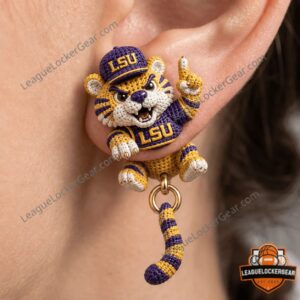 Louisiana State University Tigers Crochet Mascot Dangle Earrings - full view on ear