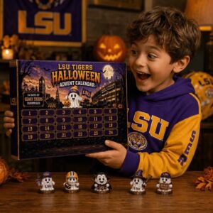 Close-up of the LSU Tigers Halloween Advent 2026 Calendar box and top row of ghost figures