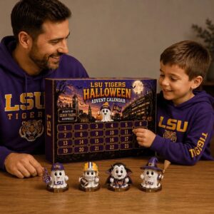 Close-up of the LSU Tigers Halloween Advent 2026 Calendar box and middle row of ghost figures