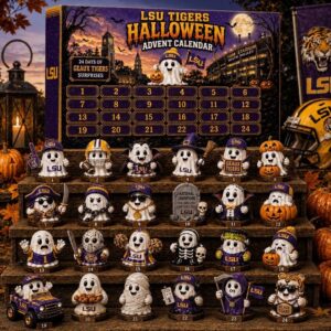LSU Tigers Halloween Advent 2026 Calendar box with all 24 ghost figures displayed on wooden steps