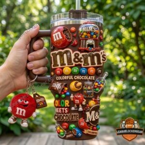 M&M's Colorful Chocolate Tumbler With Plush Toy - detail of gumball machine and logo