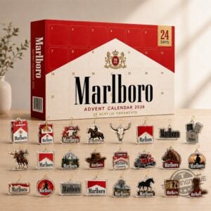 Marlboro Advent Calendar 2026 with Acrylic Ornaments - close up of box and left ornaments