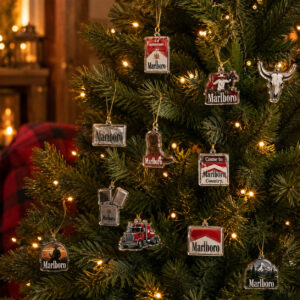 Marlboro Advent Calendar 2026 with Acrylic Ornaments - close up of box and right ornaments