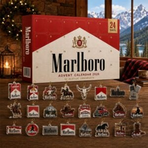 Marlboro Advent Calendar 2026 with Acrylic Ornaments - full display on wooden table